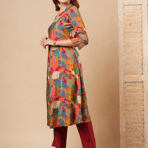 Abstract Floral Foil Printed A-Line Kurta with Pant - Multi
