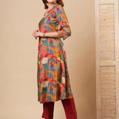 Abstract Floral Foil Printed A-Line Kurta with Pant - Multi