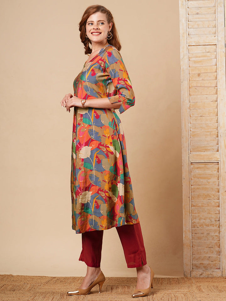 Abstract Floral Foil Printed A-Line Kurta with Pant - Multi