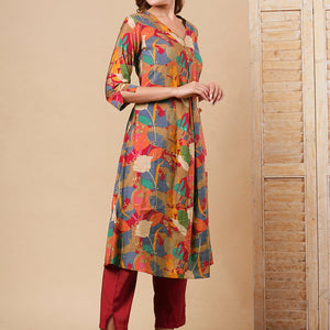 Abstract Floral Foil Printed A-Line Kurta with Pant - Multi