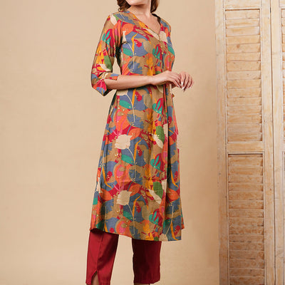 Abstract Floral Foil Printed A-Line Kurta with Pant - Multi