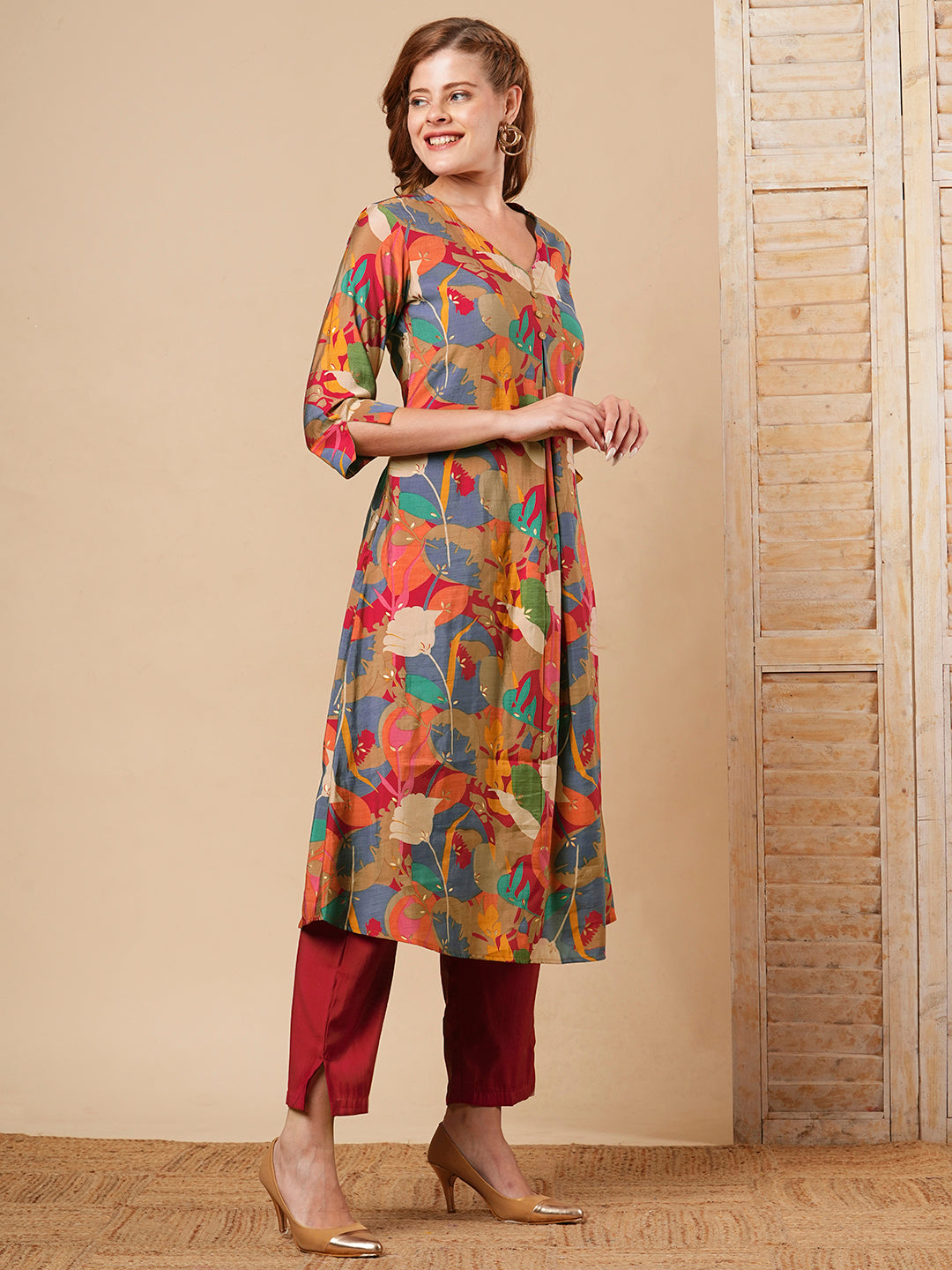 Abstract Floral Foil Printed A-Line Kurta with Pant - Multi