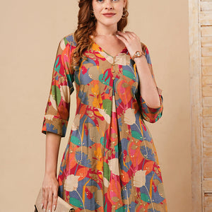 Abstract Floral Foil Printed A-Line Kurta with Pant - Multi