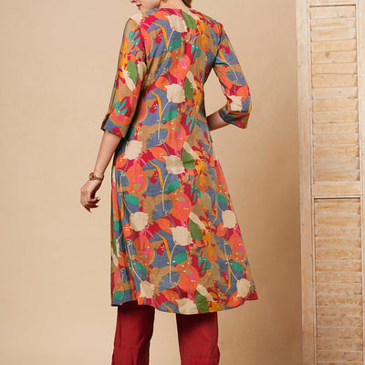 Abstract Floral Foil Printed A-Line Kurta with Pant - Multi