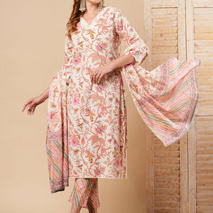 Floral Printed Straight Fit Kurta with Pant & Pure Cotton Dupatta - Off White
