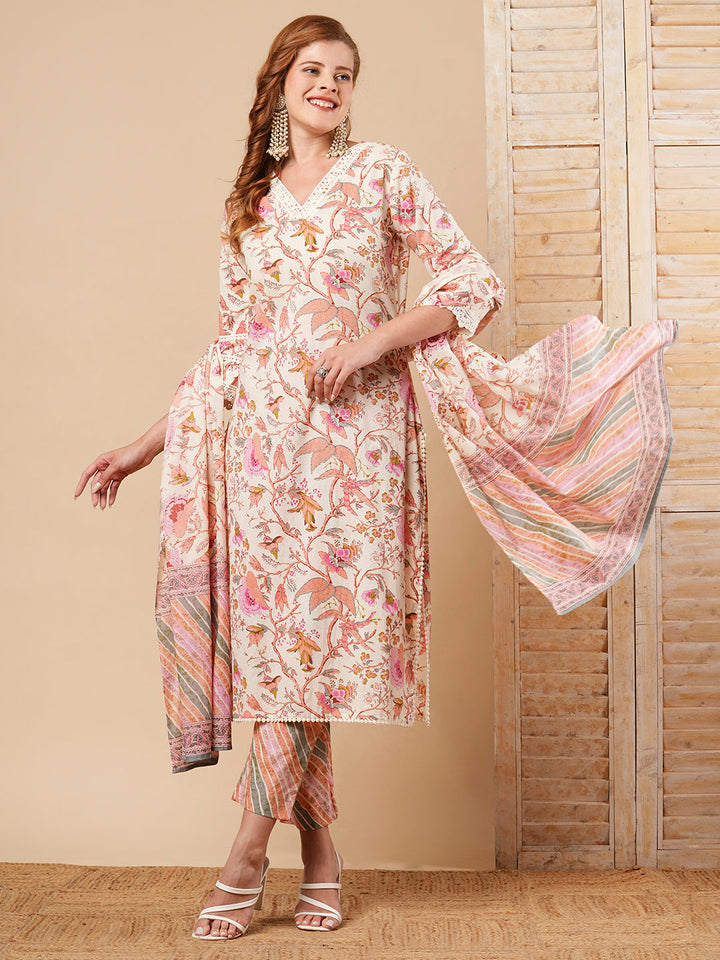 Floral Printed Straight Fit Kurta with Pant & Pure Cotton Dupatta - Off White