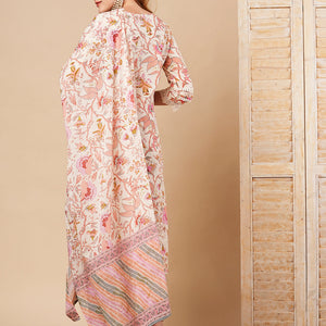 Floral Printed Straight Fit Kurta with Pant & Pure Cotton Dupatta - Off White