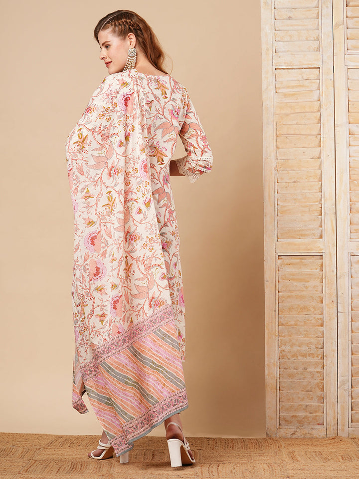 Floral Printed Straight Fit Kurta with Pant & Pure Cotton Dupatta - Off White