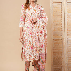 Floral Printed Straight Fit Kurta with Pant & Pure Cotton Dupatta - Off White