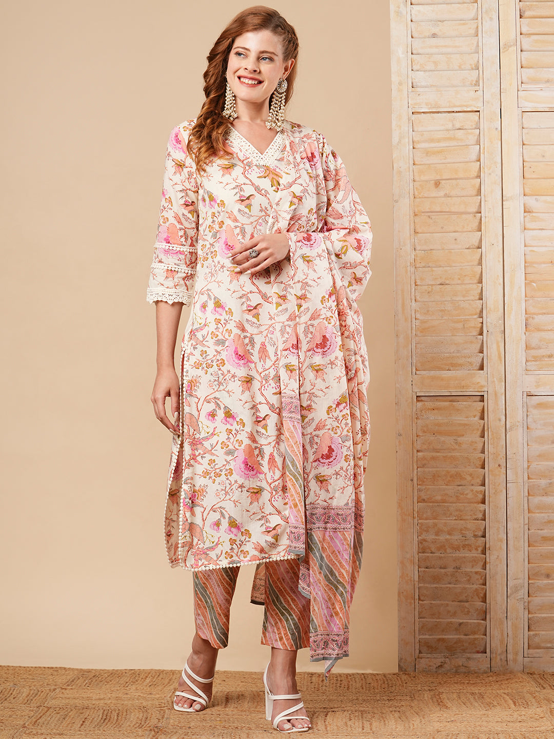 Floral Printed Straight Fit Kurta with Pant & Pure Cotton Dupatta - Off White