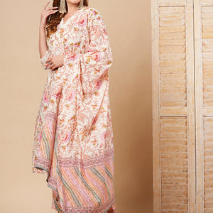 Floral Printed Straight Fit Kurta with Pant & Pure Cotton Dupatta - Off White