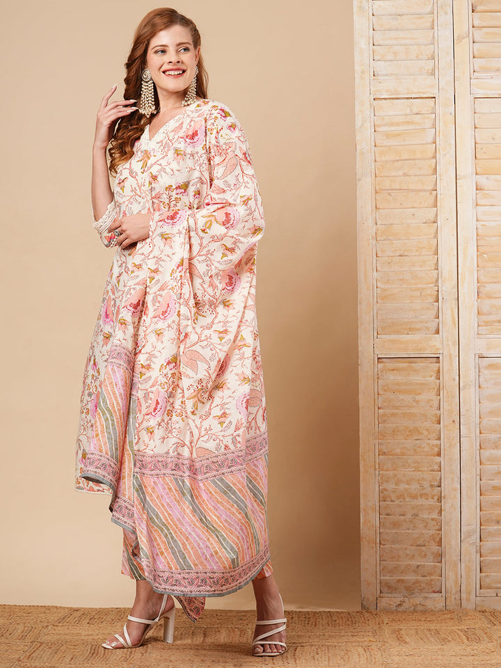 Floral Printed Straight Fit Kurta with Pant & Pure Cotton Dupatta - Off White