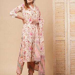 Floral Printed Straight Fit Kurta with Pant & Pure Cotton Dupatta - Off White