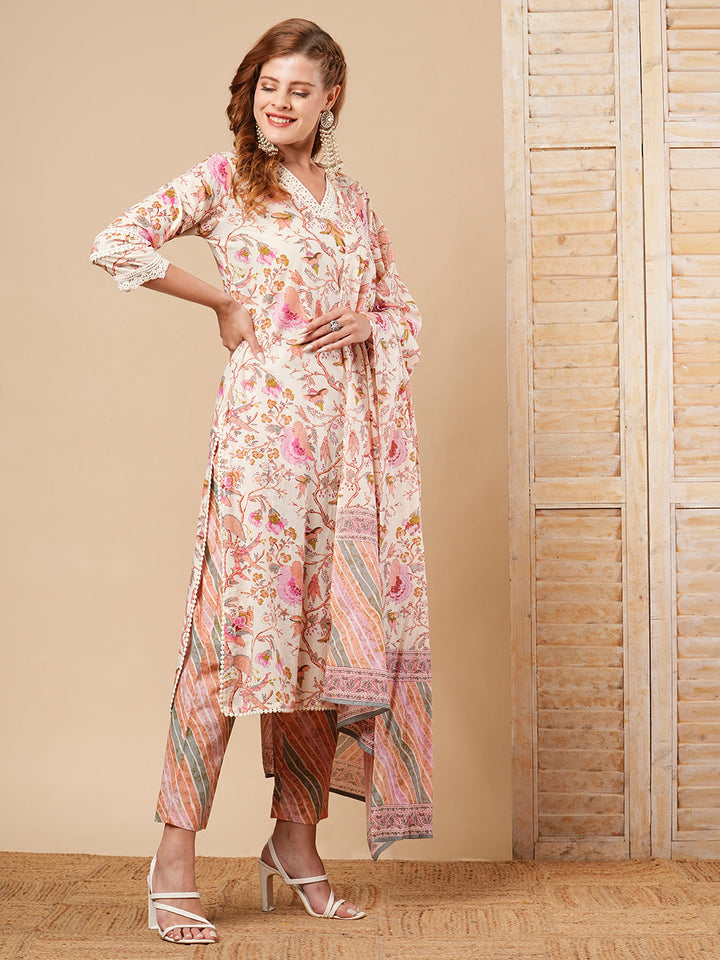 Floral Printed Straight Fit Kurta with Pant & Pure Cotton Dupatta - Off White