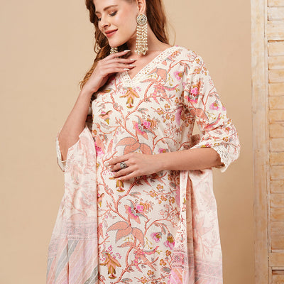 Floral Printed Straight Fit Kurta with Pant & Pure Cotton Dupatta - Off White