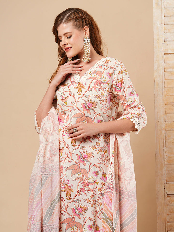 Floral Printed Straight Fit Kurta with Pant & Pure Cotton Dupatta - Off White