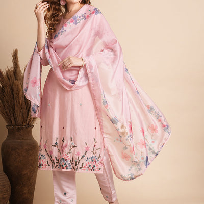 Solid Floral Hand Embroidered Straight Fit Kurta with Pant & Dupatta - Pink