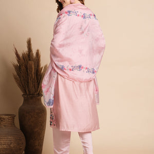 Solid Floral Hand Embroidered Straight Fit Kurta with Pant & Dupatta - Pink