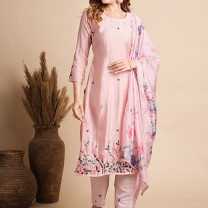 Solid Floral Hand Embroidered Straight Fit Kurta with Pant & Dupatta - Pink