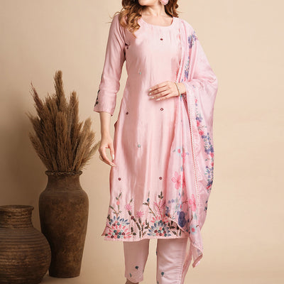 Solid Floral Hand Embroidered Straight Fit Kurta with Pant & Dupatta - Pink
