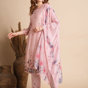 Solid Floral Hand Embroidered Straight Fit Kurta with Pant & Dupatta - Pink