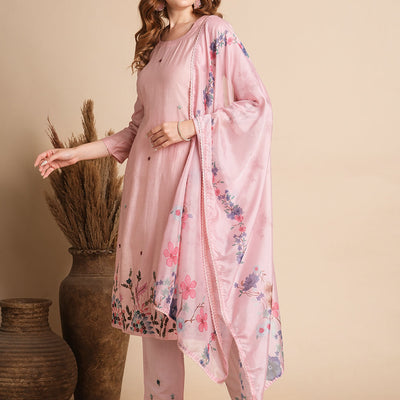 Solid Floral Hand Embroidered Straight Fit Kurta with Pant & Dupatta - Pink