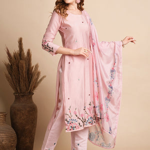 Solid Floral Hand Embroidered Straight Fit Kurta with Pant & Dupatta - Pink