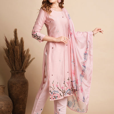 Solid Floral Hand Embroidered Straight Fit Kurta with Pant & Dupatta - Pink