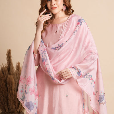 Solid Floral Hand Embroidered Straight Fit Kurta with Pant & Dupatta - Pink