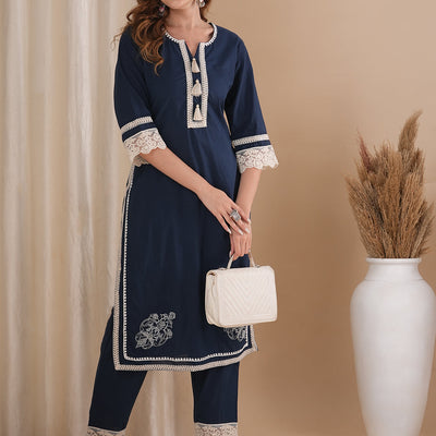 Solid Ethnic Embroidered Straight Fit Co-ord Set - Navy Blue