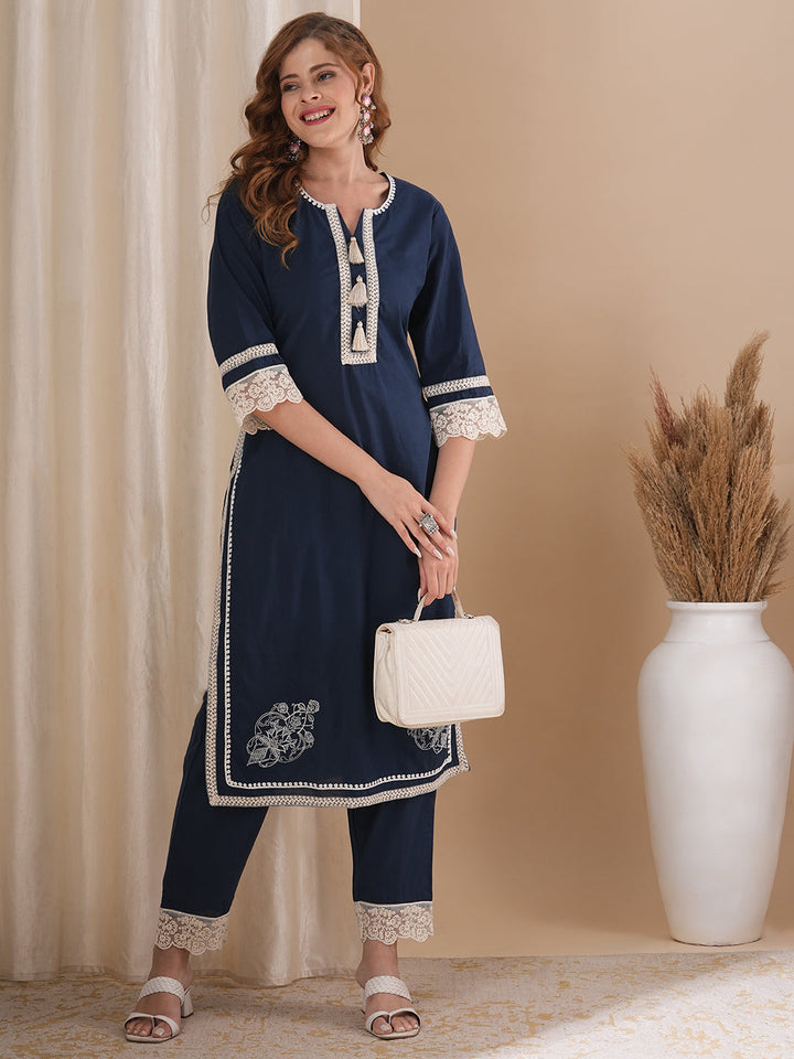 Solid Ethnic Embroidered Straight Fit Co-ord Set - Navy Blue