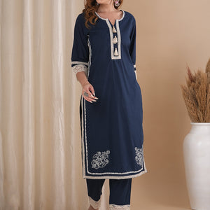 Solid Ethnic Embroidered Straight Fit Co-ord Set - Navy Blue
