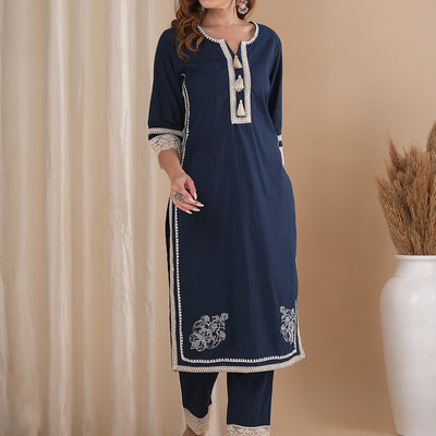 Solid Ethnic Embroidered Straight Fit Co-ord Set - Navy Blue