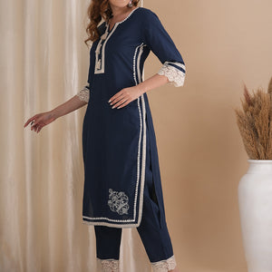 Solid Ethnic Embroidered Straight Fit Co-ord Set - Navy Blue