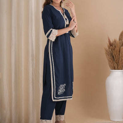 Solid Ethnic Embroidered Straight Fit Co-ord Set - Navy Blue