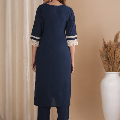Solid Ethnic Embroidered Straight Fit Co-ord Set - Navy Blue