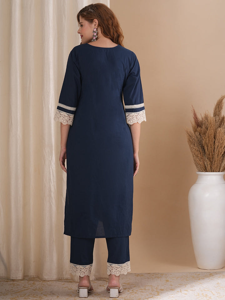 Solid Ethnic Embroidered Straight Fit Co-ord Set - Navy Blue