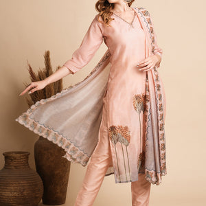 Floral Printed & Hand Embroidered Straight Fit Kurta with Pant and Dupatta - Peach