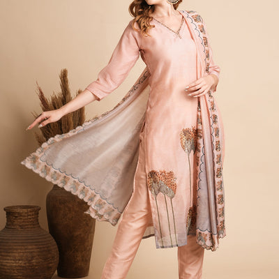 Floral Printed & Hand Embroidered Straight Fit Kurta with Pant and Dupatta - Peach
