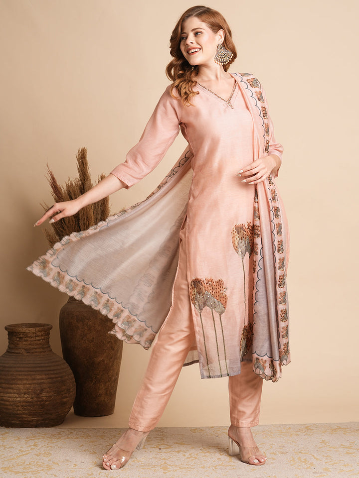 Floral Printed & Hand Embroidered Straight Fit Kurta with Pant and Dupatta - Peach