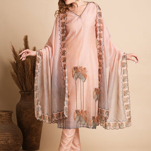 Floral Printed & Hand Embroidered Straight Fit Kurta with Pant and Dupatta - Peach