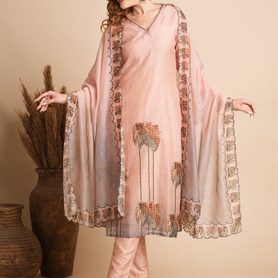 Floral Printed & Hand Embroidered Straight Fit Kurta with Pant and Dupatta - Peach
