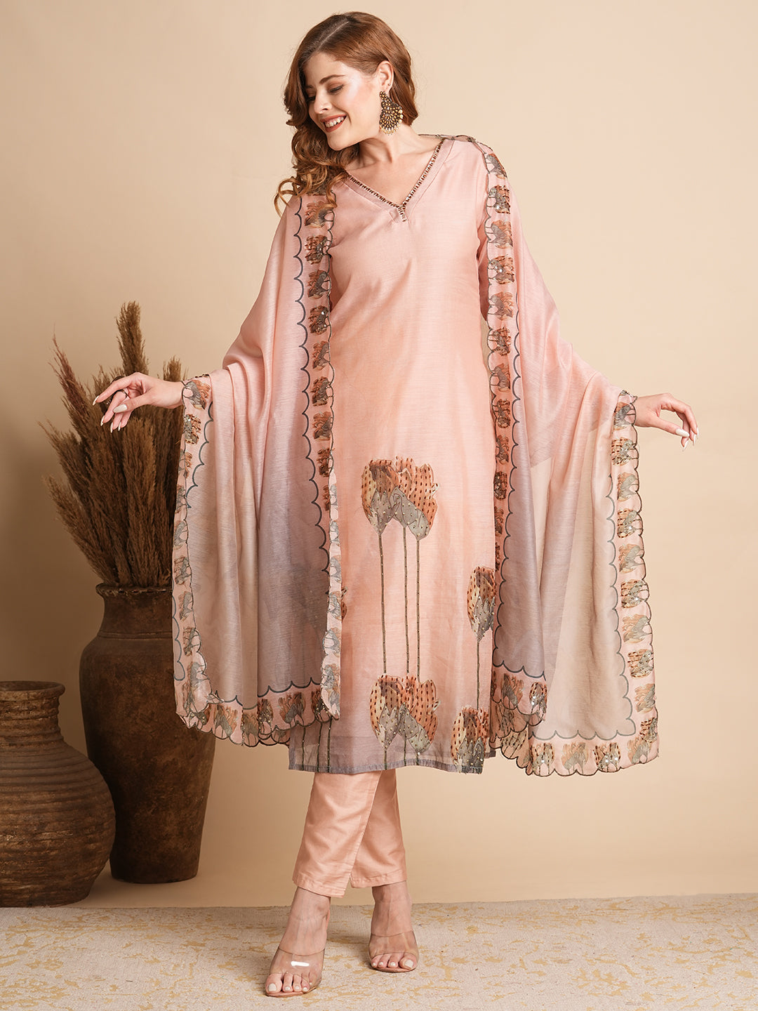 Floral Printed & Hand Embroidered Straight Fit Kurta with Pant and Dupatta - Peach