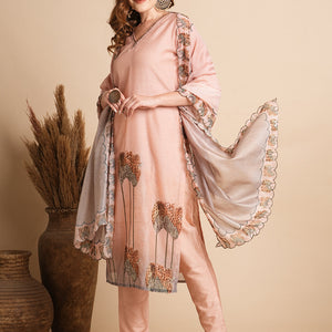Floral Printed & Hand Embroidered Straight Fit Kurta with Pant and Dupatta - Peach
