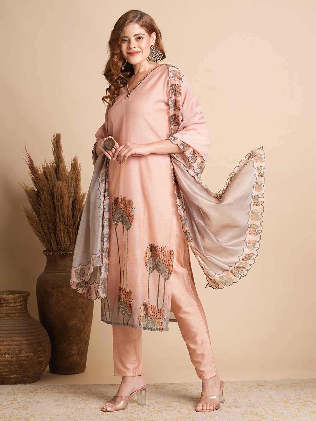 Floral Printed & Hand Embroidered Straight Fit Kurta with Pant and Dupatta - Peach