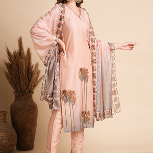 Floral Printed & Hand Embroidered Straight Fit Kurta with Pant and Dupatta - Peach