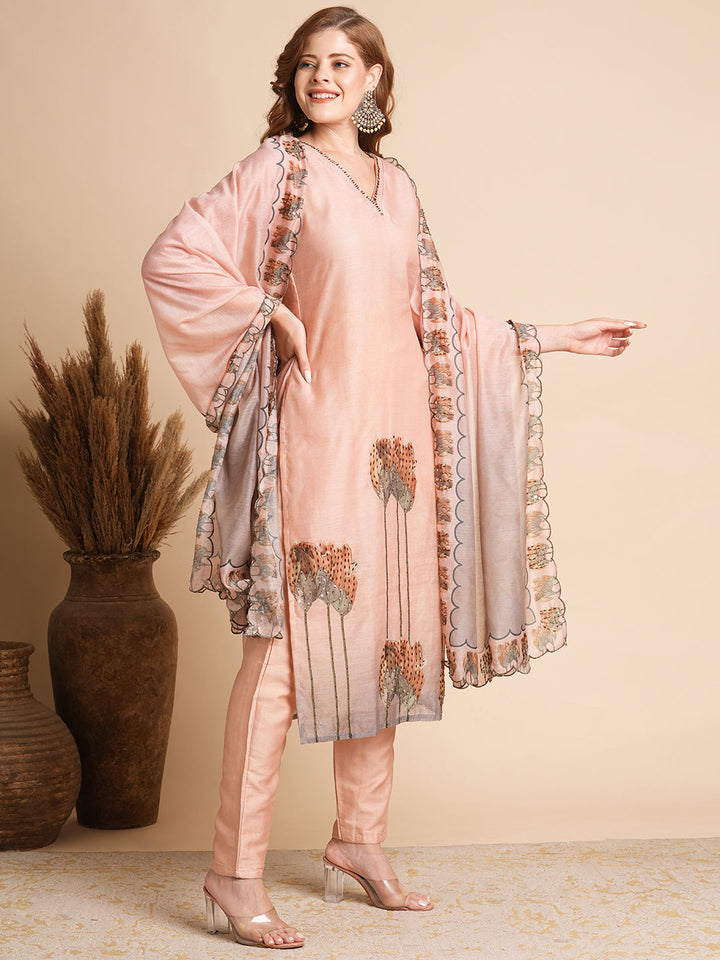 Floral Printed & Hand Embroidered Straight Fit Kurta with Pant and Dupatta - Peach