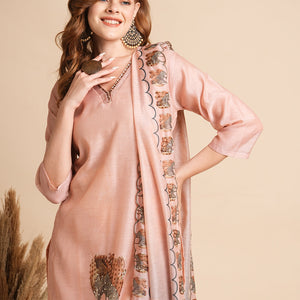 Floral Printed & Hand Embroidered Straight Fit Kurta with Pant and Dupatta - Peach