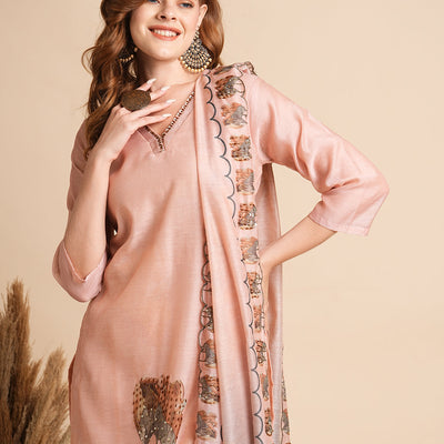 Floral Printed & Hand Embroidered Straight Fit Kurta with Pant and Dupatta - Peach