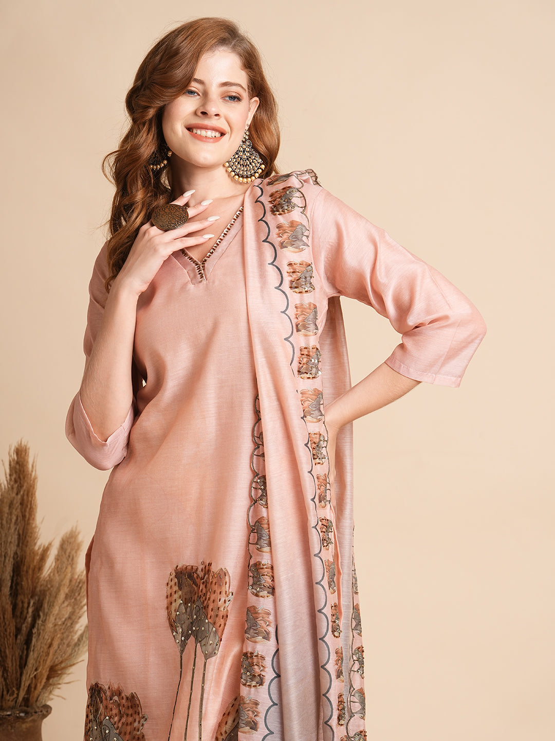 Floral Printed & Hand Embroidered Straight Fit Kurta with Pant and Dupatta - Peach